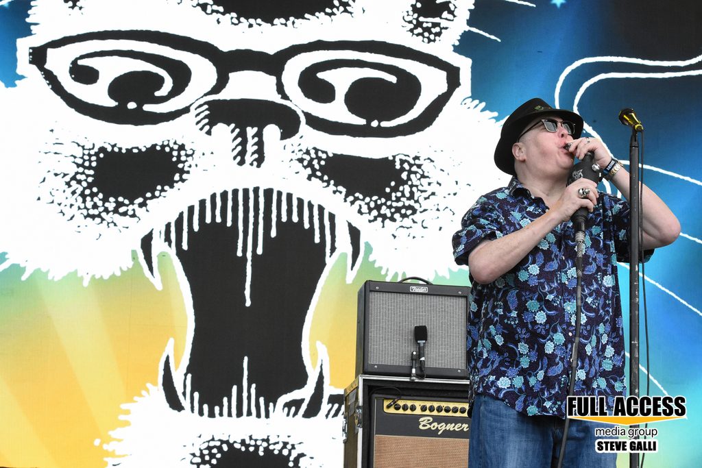 Musician playing harmonica in front of an illustrated face backdrop