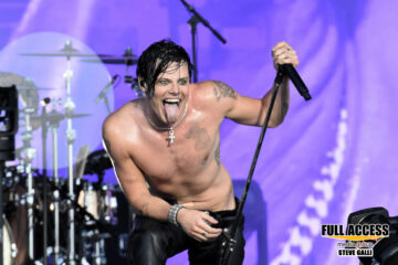 Shirtless vocalist leaning toward the audience with a microphone at Bonnaroo