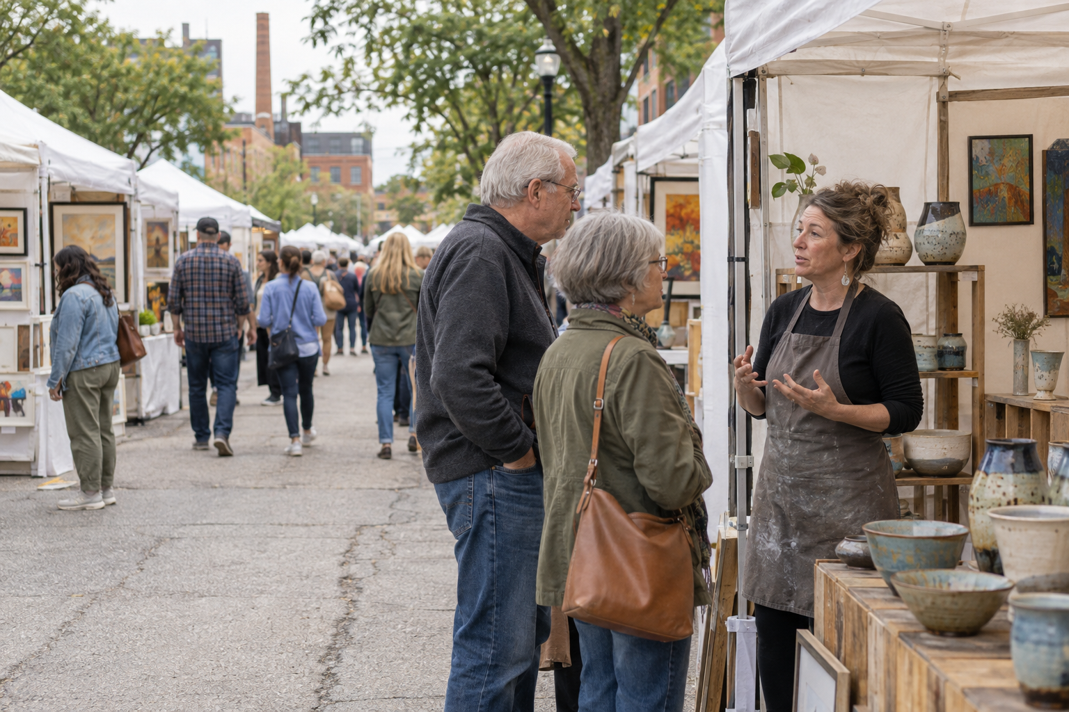 Ceramic artist speaking with two visitors at an outdoor Midwestern art fair lined with white tents and original artwork.