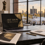 Laptop displaying the Art Show Magazine name beside editorial proofs, with an outdoor art fair and Detroit skyline beyond a gallery window.