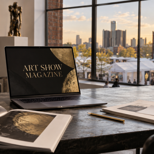 Laptop displaying the Art Show Magazine name beside editorial proofs, with an outdoor art fair and Detroit skyline beyond a gallery window.