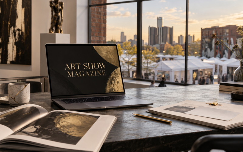 Laptop displaying the Art Show Magazine name beside editorial proofs, with an outdoor art fair and Detroit skyline beyond a gallery window.