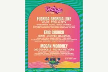 Official Tortuga Music Festival 2027 lineup poster naming Eric Church, Florida Georgia Line and Megan Moroney.