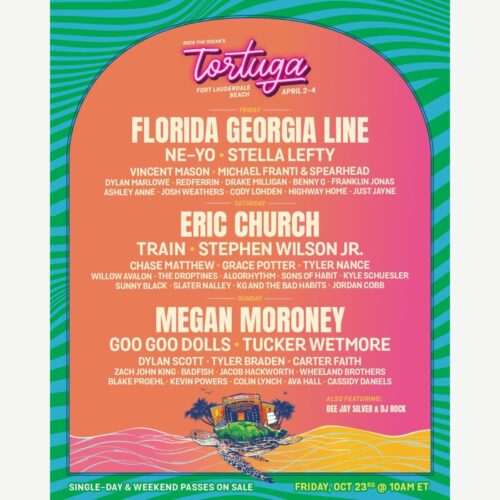 Official Tortuga Music Festival 2027 lineup poster naming Eric Church, Florida Georgia Line and Megan Moroney.